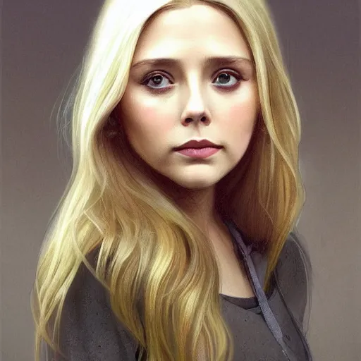 Prompt: Young blonde elizabeth olsen, highly detailed, digital painting, artstation, concept art, smooth, sharp focus, illustration, ArtStation, art by artgerm and greg rutkowski and alphonse mucha and J. C. Leyendecker and Edmund Blair Leighton and Katsuhiro Otomo and Geof Darrow and Phil hale and Ashley wood and Ilya repin and Charlie Bowater