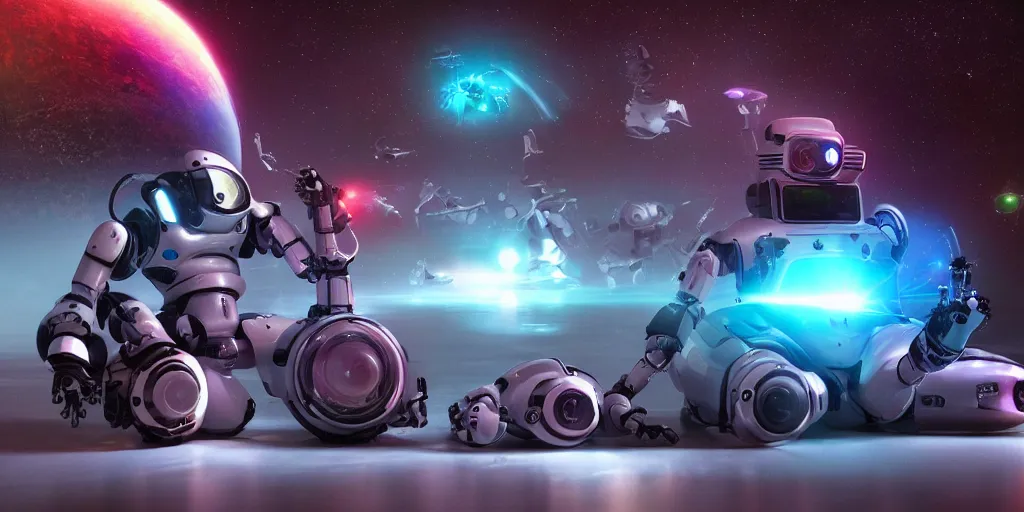Image similar to futuristic robot babies with rgb ambient lighting eye implants. the robots wears spacesuits, and explores the cosmos on rocket space jet skis. science fiction blockbuster movie teen nebulous or my robot ate my homework, dramatic lighting, interstellar film ( 2 0 1 4 )