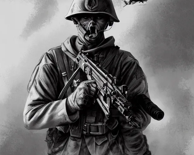 Prompt: A soldier with a hateful face aiming a machine gun at a cat, world war 1, close-up, realistic face, beautiful face detail, mature facial features, black and white, amazing digital art, hyper detailed, artstation, in the style of Tony Sart
