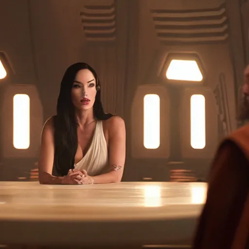 Prompt: Still of Megan Fox on the Jedi Council, Star Wars ,Cinematic Lighting, beautiful composition, 8K resolution