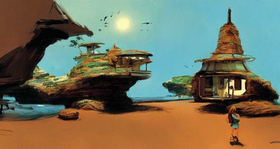 Prompt: concept art, tiny seashell house where a hermit girl lives, atmospheric cinematography by syd mead