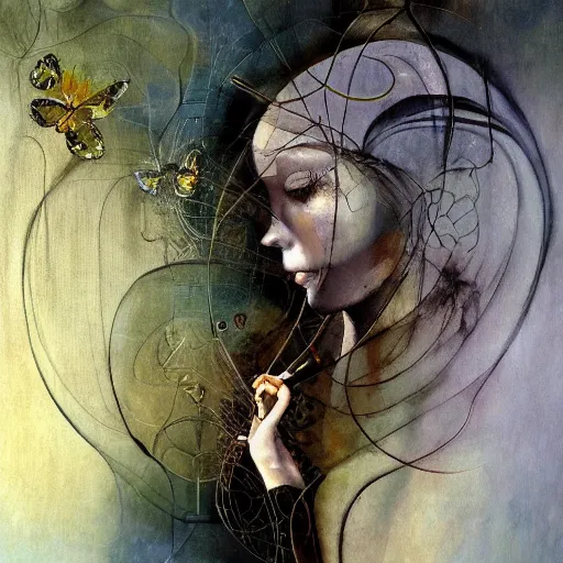 Prompt: she dreams a past she hasn't lived, she holds the key to the gate to reality outside this virtual world, oil on canvas by dave mckean and yoshitaka amano