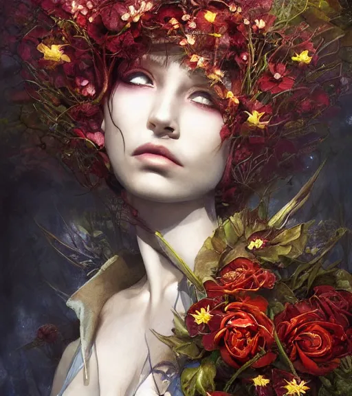 Prompt: portrait of the supreme queen of the blood cult, surrounded overgrowth and flowers 🍂 by Akihiko Yoshida, Yoshitaka Amano,Marc Simonetti, karol bak, WLOP, James Jean, tom bagshaw, rococo, trending on artstation, fantasy magic fashion girl portrait, glossy eyes, face, fantasy, elegant, highly detailed, digital painting, concept art, smooth, sharp focus, illustration, cinematic lighting, hyper realism, octane render, 8k, hyper detailed.