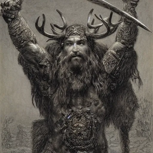 Prompt: hairy barbarian with moose head by gustave dore and donato giancola