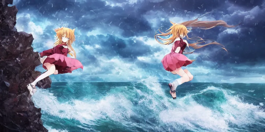 Image similar to anime catgirl jumping through a precipice on the coast up high, waves shattering on the rock, dramatic atmosphere, gloomy rainy weather, cinematic