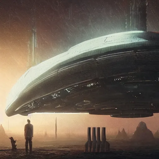 Image similar to scene from bladerunner 2 0 4 9 movie, hr giger artlilery spaceship lands in an alien landscape, filigree ornaments, volumetric lights, simon stalenhag, beksinski