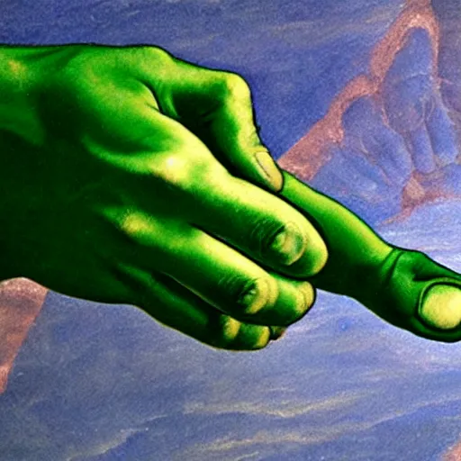 Prompt: michelangelo painting of The Creation of Adam except The hand on the left is a green alien hand with three thin fingers