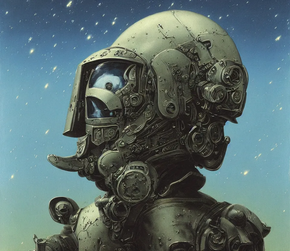 Image similar to a detailed portrait painting of a bounty hunter in combat armour and visor. Smoke. cinematic sci-fi poster. Cloth and metal. Flight suit, accurate anatomy portrait symmetrical, plague doctor. science fiction theme with lightning, aurora lighting clouds and stars. Futurism by beksinski carl spitzweg moebius and tuomas korpi. baroque elements. baroque element. intricate artwork by caravaggio. Oil painting. Trending on artstation. 8k