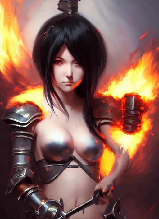 Image similar to Portrait of Anime girl with black hair, she is carrying a burning sword with two hands, wearing metal armor around her chest and waist, realistic, detailed, 4k by Greg Rutkowski Mark Arian trending on artstation