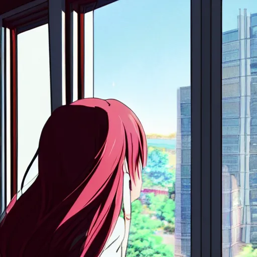 Image similar to an attractive anime woman with multicolored hair looking out of a window of a tall building