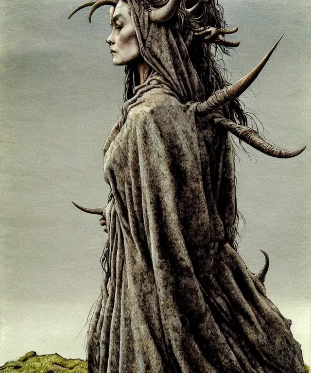 Image similar to A detailed horned goatwoman stands among the hills. Wearing a ripped mantle, robe. Perfect faces, extremely high details, realistic, fantasy art, solo, masterpiece, art by Zdzisław Beksiński, Arthur Rackham, Dariusz Zawadzki