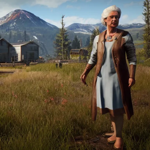 Image similar to queen elizabeth as an npc in far cry 5, ingame screenshot, 1080p