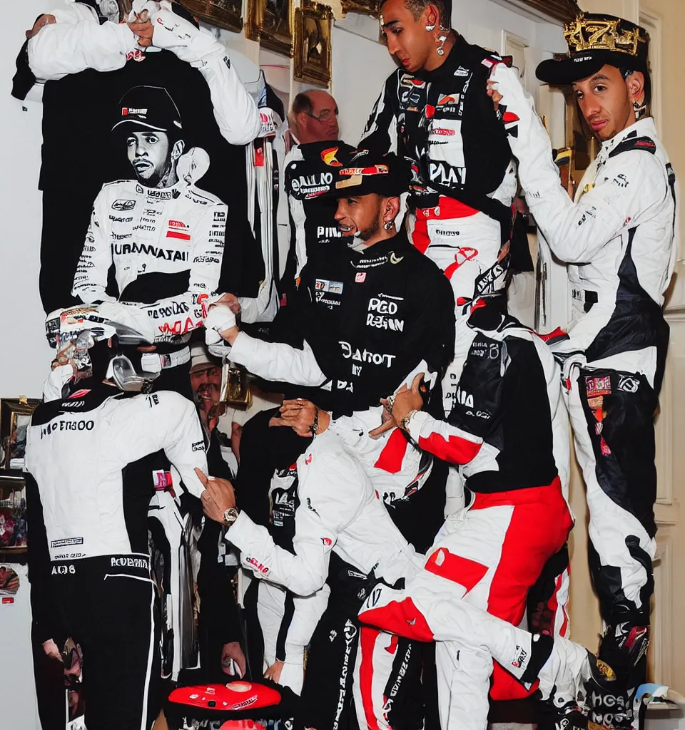 Prompt: “A portrait of Lewis Hamilton in his racing uniform being knighted by the queen by Banksy”