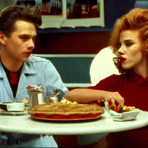 Prompt: Scarlett Johansson serving cherry pie at the double r diner in Twin Peaks (1990)