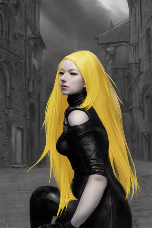Image similar to girl with yellow hair in a black leather dress in a medieval city, digital art, pose, character art, close - up, beautiful girl, by artgerm, by greg rutkowski, by wlop, photorealism, octane render, cinematic, anime style