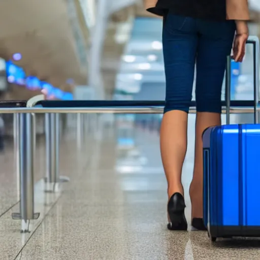 Prompt: a blue suitcase on a conveyor in an airport