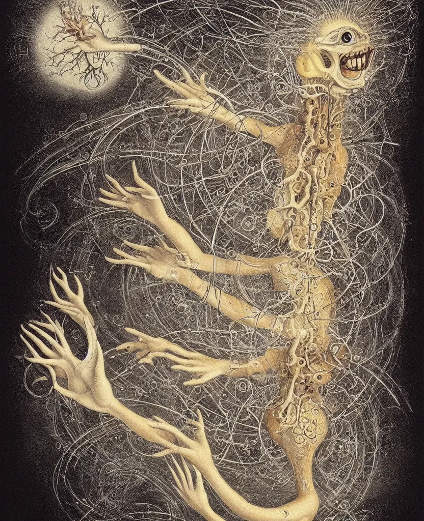 Image similar to whimsical freaky creature sings a unique canto about'as above so below'being ignited by the spirit of haeckel and robert fludd, breakthrough is iminent, glory be to the magic within, painted by ronny khalil