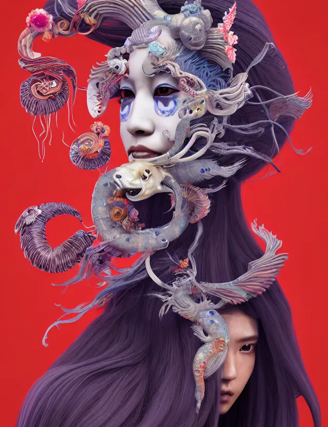 Image similar to 3 d slvic goddess half - turn portrait with long hair with ram skull. beautiful intricately detailed japanese crow kitsune mask and clasical japanese kimono. betta fish, jellyfish phoenix, bio luminescent, plasma, ice, water, wind, creature, artwork by tooth wu and wlop and beeple and greg rutkowski