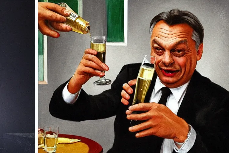 Image similar to viktor orban drinking champagne, smoking cigar, laughing hard, highly detailed face, inspired by edward hopper