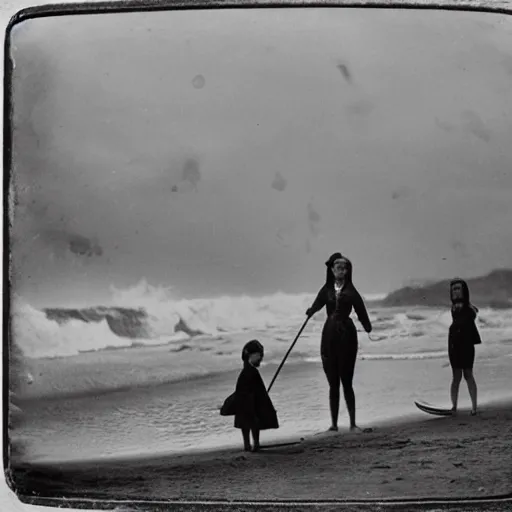 Prompt: a faded and blurred wet plate collodion photo of a Victorian seaside scene, twin girls and an older brother paddle in the lapping waves, watched by their nanny standing on the beach