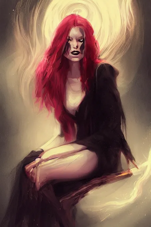 Image similar to beautiful wicked female occultist, sweeping ombre blonde hair, red eyes, portrait, high cheekbones, Victorian, black velvet dress, dark colors, magic Amulet, fantasy painting, trending in Artstation, GSociety, by Charlie Bowater, Brom, Bastien Lecouffe-Deharme