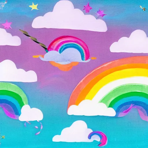 Prompt: cotton candy rainbow unicorns flying above the ocean to happy slumber land