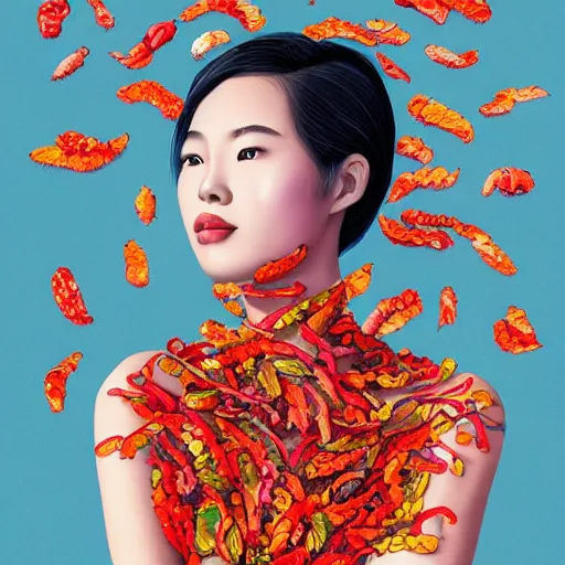 Image similar to the portrait of a beautiful and elegant young asian woman made up of peppers, an ultrafine detailed illustration by james jean, intricate linework, bright colors, final fantasy, behance contest winner, vanitas, angular, altermodern, unreal engine 5 highly rendered, global illumination, radiant light, detailed and intricate environment