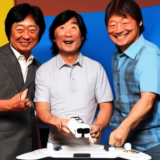 Prompt: detailed photo of Shigeru Miyamoto showing two happy bears how to play Wii