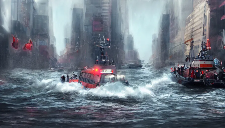 Prompt: rescue boat crossing new york streets after a tsunami, hyperdetailed, artstation, cgsociety, 8 k