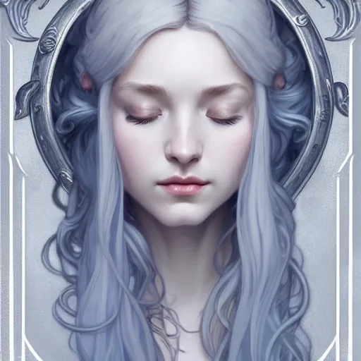 Image similar to closed eyes, aristocrat, white grey blue color palette, female, d & d, fantasy, intricate, elegant, highly detailed, long silver hair, digital painting, artstation, octane render, concept art, matte, sharp focus, illustration, hearthstone, art by artgerm, alphonse mucha johannes voss