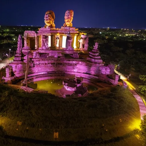 Prompt: aerial view of a purple supermoon over garuda wisnu kencana statue at night