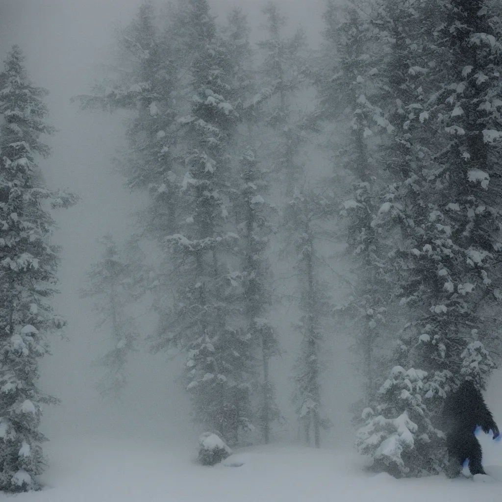 Image similar to photo, bigfoot is hiding in the background. cold color temperature, snow storm. hazy atmosphere. humidity haze. kodak ektachrome, greenish expired film, award winning, low contrast