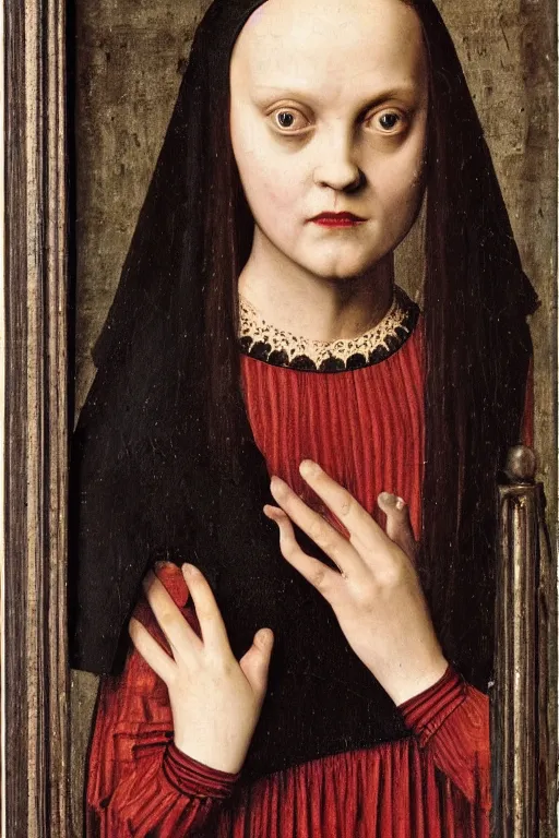 Image similar to portrait of wednesday addams, oil painting by jan van eyck, northern renaissance art, oil on canvas, wet - on - wet technique, realistic, expressive emotions, intricate textures, illusionistic detail