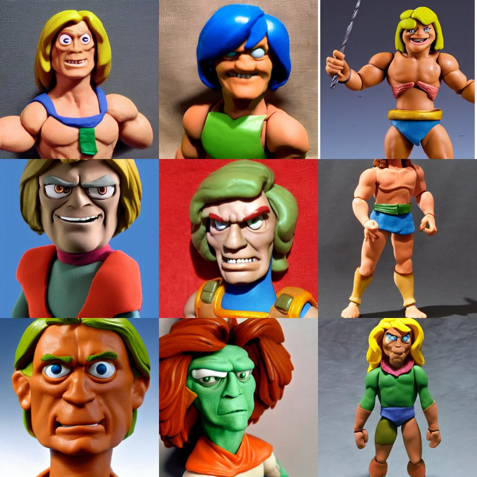Prompt: real he-man filmationl!! clay! close detailed sculpted head , style: claymation puppet kids clay , by guldies