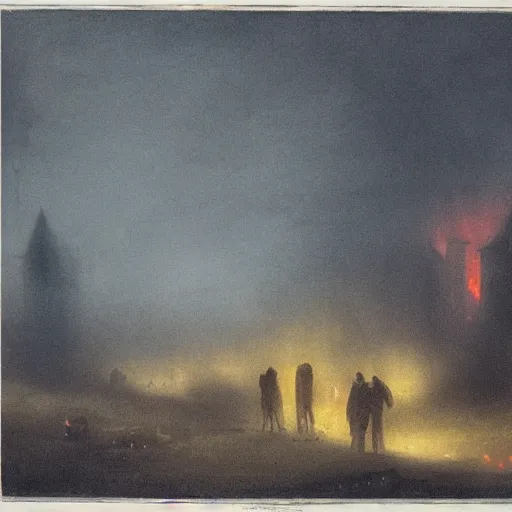 Prompt: A burning building on a foggy night with figures standing in the fog, gothic art, color, detailed