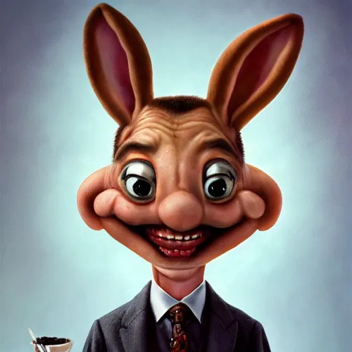 Prompt: hyper realistic, close up portrait of a mega derpy mr. bean, big chungus, with bunny ears, smoking massive amounts of weed, big smile, buck teeth, mac and cheese, by greg rutkowski, scott m fischer, artgerm, loish, slight glow, atmospheric, anne stokes, alexandros pyromallis, 4 k, 8 k