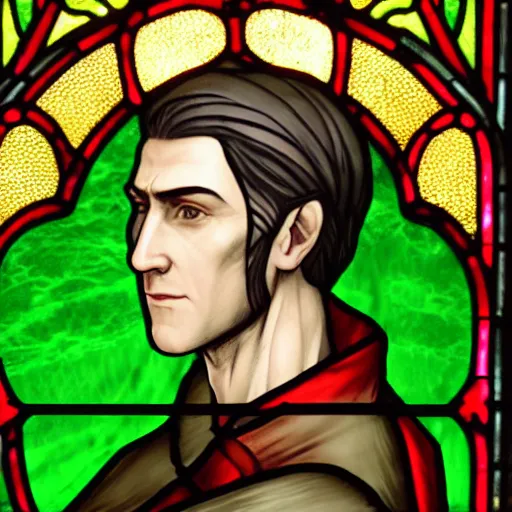 Prompt: detailed side - view portrait of iorveth, elf ears, sharp nose, green coat, red bandana, tenth century stained glass window, very masterful