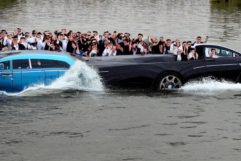 Image similar to Group of teenagers push Rolls-Royce into lake