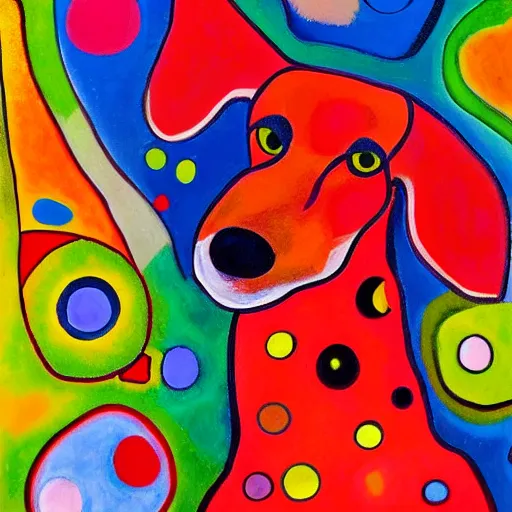 Image similar to A red dog sitting in the middle with red spots. in the art style of Kandinsky. Dramatic lighting, minimal painting, high resolution. Positive vibes