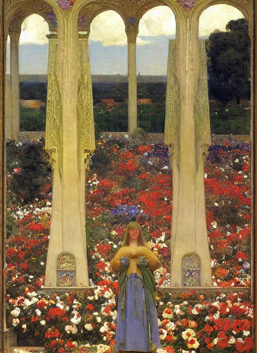 Image similar to the grand temple of flowers, by thomas cooper gotch and frederick arthur bridgman. pre raphaelite, art nouveau, fantasy architecture, symmetry