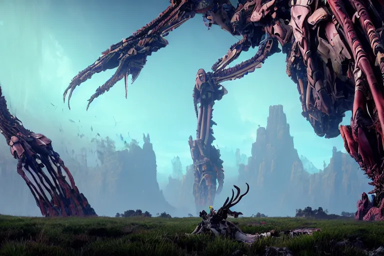 Prompt: wide epic shot. a hyper detailed fanghorn evangelion realistic mechanical and organic creature similar look as horizon forbidden west horizon zero dawn, bioluminiscence in a dark deep forest at dawn in spring, with reflection and textures, by kilian eng, substance painter reaslitic mech surface metal painted scratches, world env from horizon forbidden west horizon zero dawn