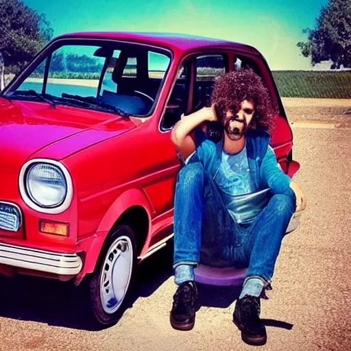 Image similar to aesthetic photo of a guy with curly hair and colored clothes holding a big black speaker in front of a raw of parked Fiat Uno 70s style hippie. Interlaced picture. Instagram post. Vintage.