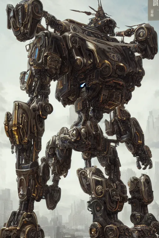 Image similar to realistic ancient mecha in a futuristic landscape designed by makoto kobayashi and luca zampriolo, portrait, cyberpunk style, wood and gold details, intricate, extremely detailed, ornate, deep of field, hard surface, exoskeleton, substance designer metal