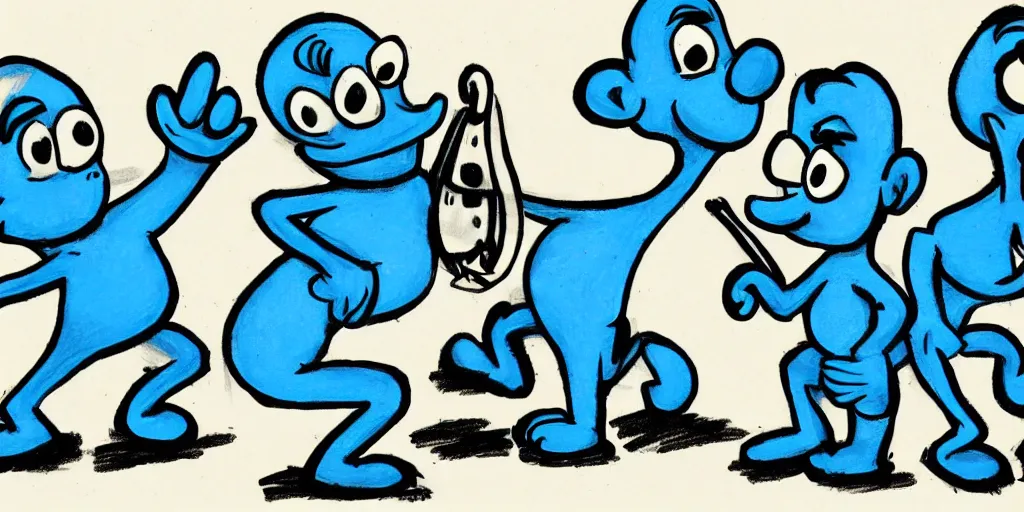 Prompt: a simple stylized drawing of long boned smurfs and color