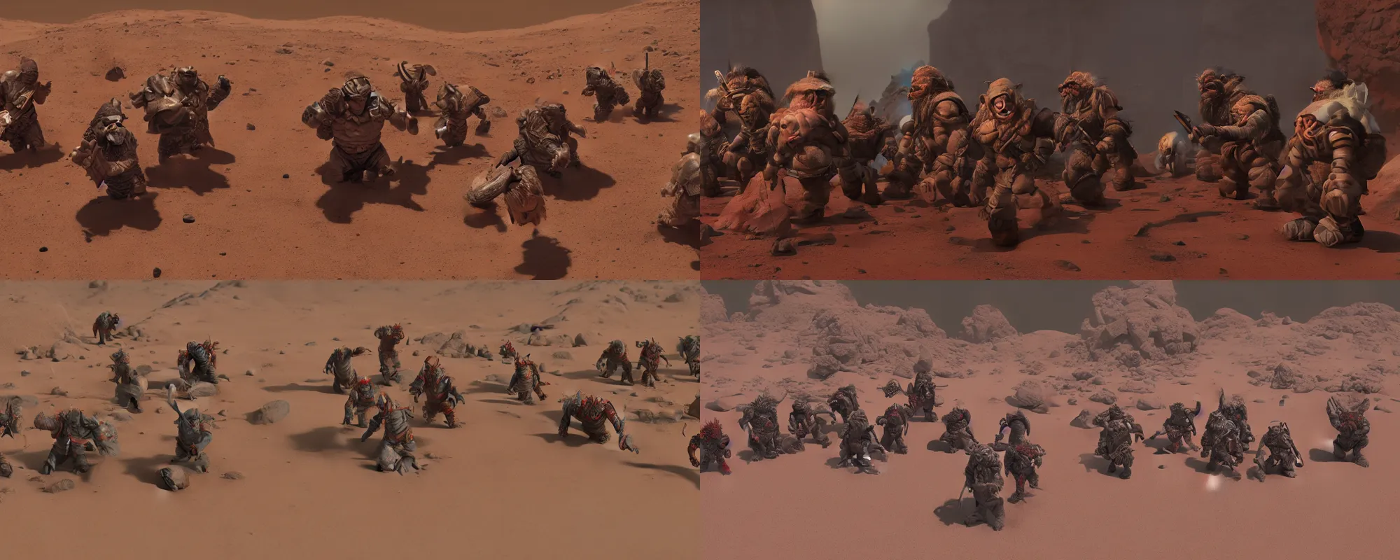 Prompt: orcs and dwarfs on mars in woolen clothing having a standoff, 4k, natural lighting, octane render, high fantasy