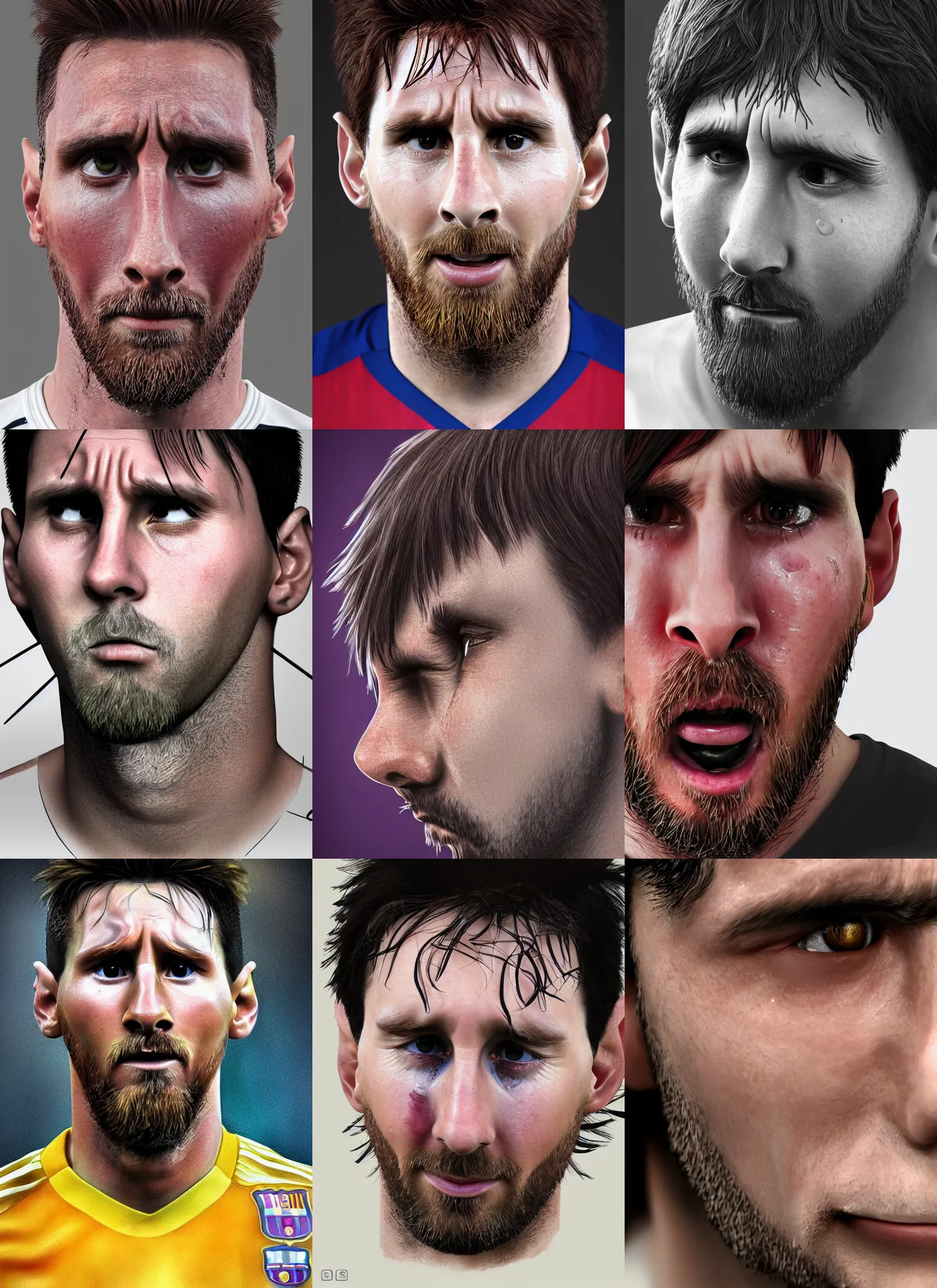 Prompt: portrait of ((cute)) crying Messi!!, photorealistic, single !!tear!!, Messi, cry, 35mm, tears drip from the eyes, noticeable tear on the cheek, tear, tear on face, close-up, Octane render, trending on Artstation, 4k, 8k, perfect face, highly detailed, digital art