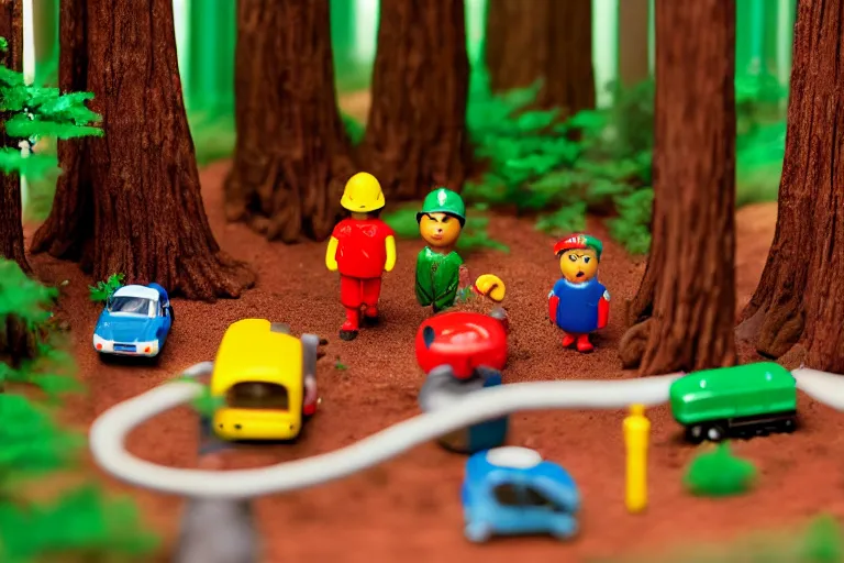 Image similar to fisher price redwood forest, california scene from tv show hyper detailed 5 5 mm 8 5 mm, toy photography, made out of plastic