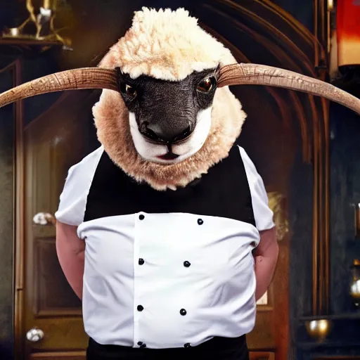 Image similar to a ram dressed up as gordon ramsay, realistic.