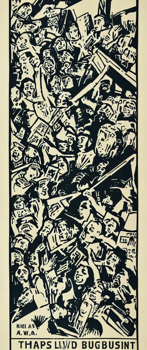 Image similar to mid-century block print propaganda poster promoting nonsense