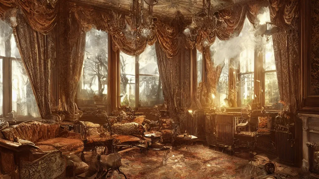 Image similar to richly decorated Victorian house, modern, beautiful, detailed wood, photorealistic, photorealism, lightning, clouds, smoke, the autumn light comes in through a window, diffuse light, vivid cybernetics